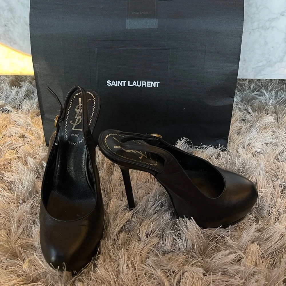 Yves Saint Laurent YSL Black Leather tribute tribtoo Slingback Pumps - Picture 3 of 8